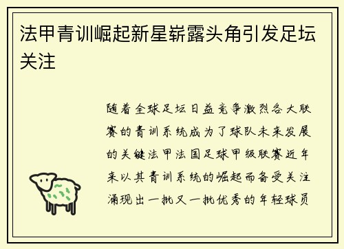 法甲青训崛起新星崭露头角引发足坛关注